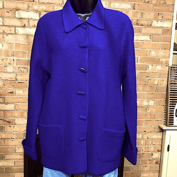 VINTAGE Josephine Chaus Cobalt Blue Boiled Wool Button Front Cardigan Jacket L - Picture 1 of 15